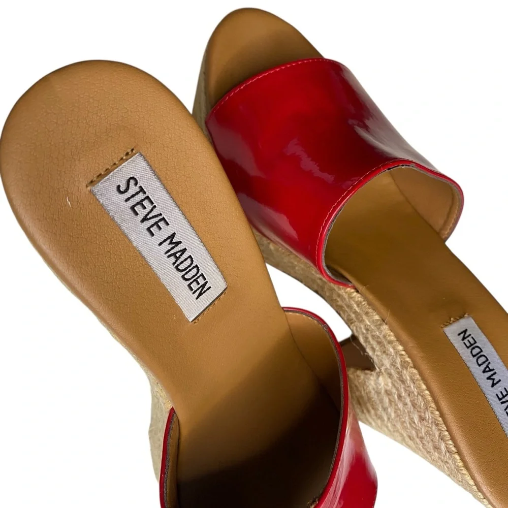 Steve Madden Korbi Red Faux Patent Leather & Woven Rope Platform Sandals | 7